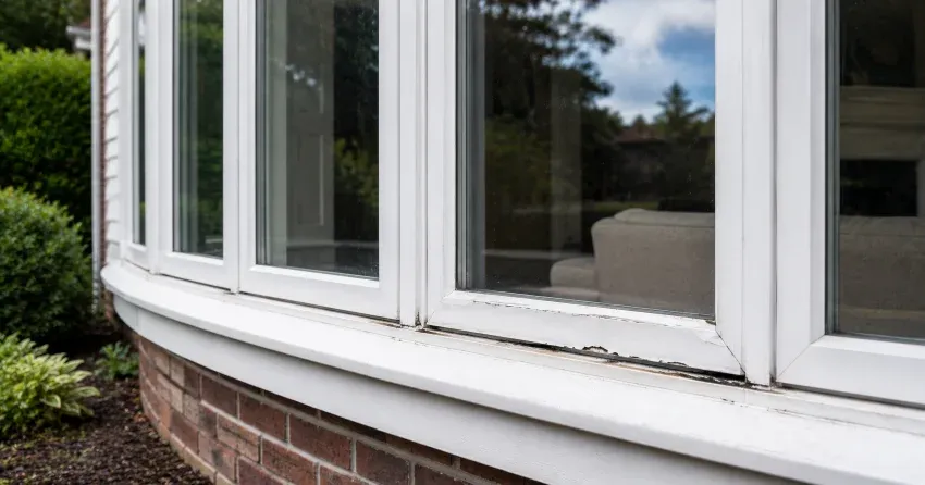 technician inspecting bow window frame and seal for damage in Wasaga Beach