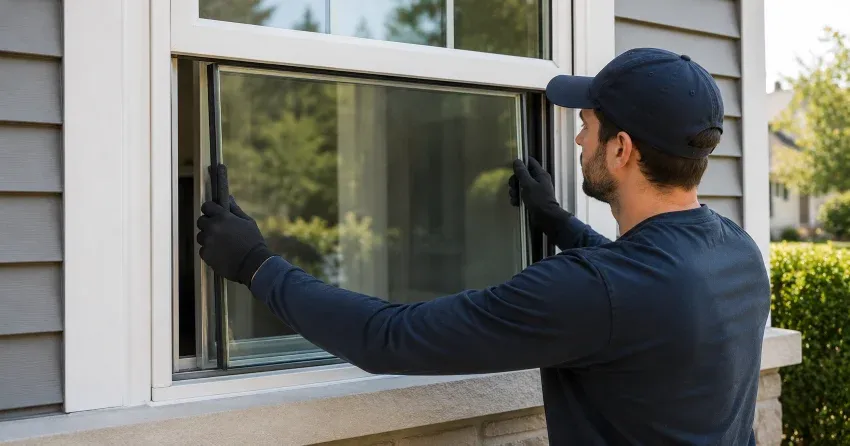 technician boarding up broken window during emergency glass repair Wasaga Beach