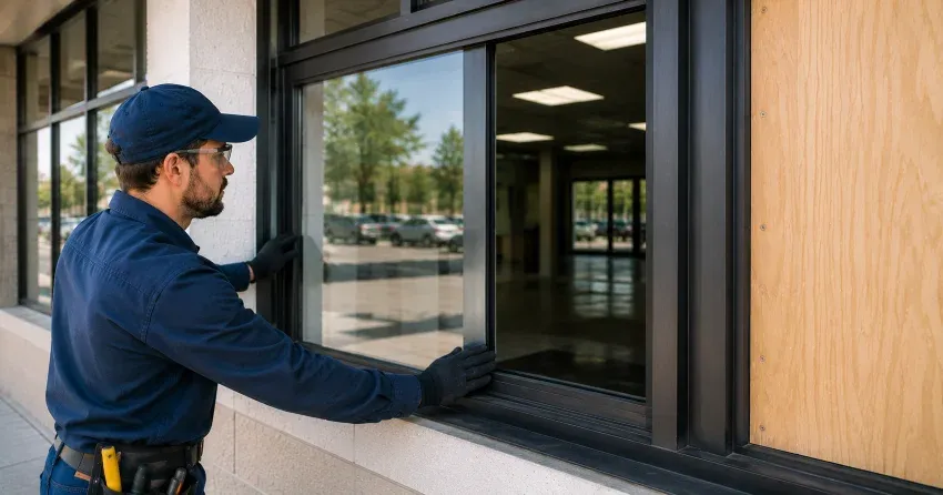 technician boarding a broken window after a break-in in Wasaga Beach