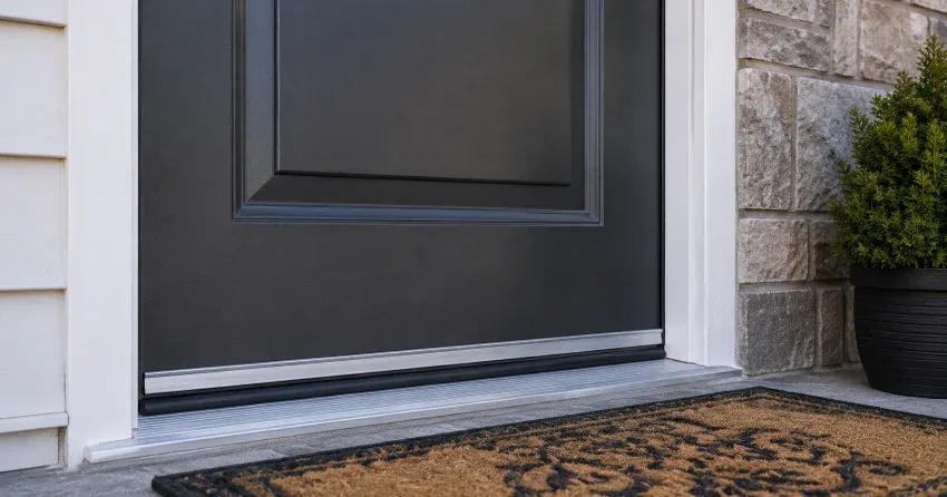technician replacing worn door weatherstripping in Wasaga Beach home