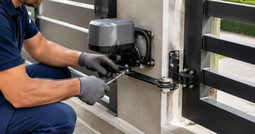 technician diagnosing automatic gate motor and control panel in Fernbrook, Wasaga Beach