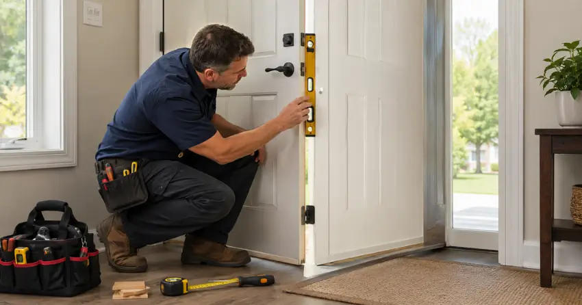 technician diagnosing a misaligned door frame in County Meadows, Wasaga Beach