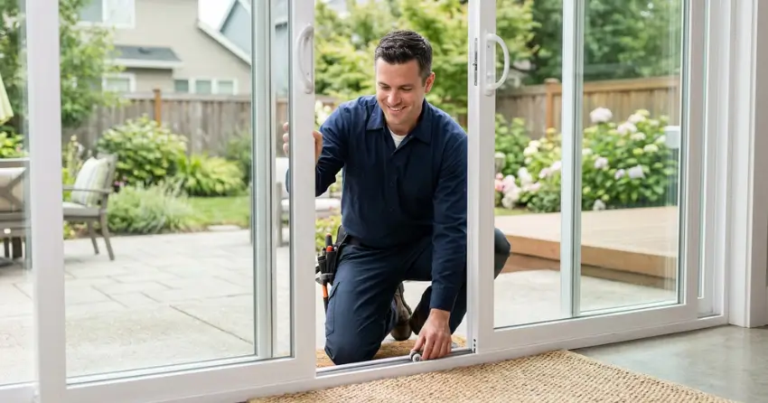 technician diagnosing a sticking patio door in Wasaga Beach