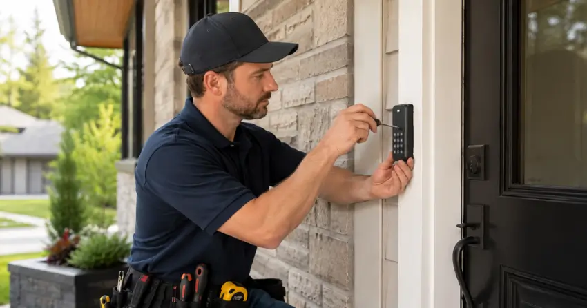 Technician installing an access control system keypad beside a residential front door in Wasaga Beach