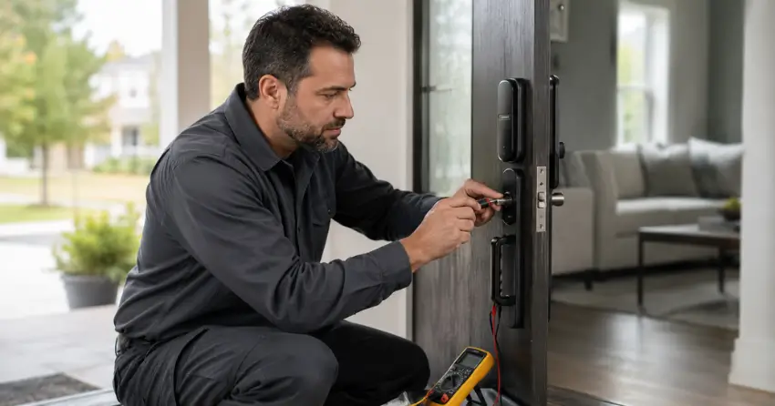 technician diagnosing automatic door lock mechanism on residential door in Wasaga Beach