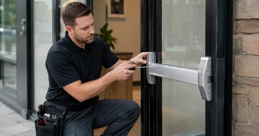 commercial locksmith repairing exit device on storefront door Wasaga Beach