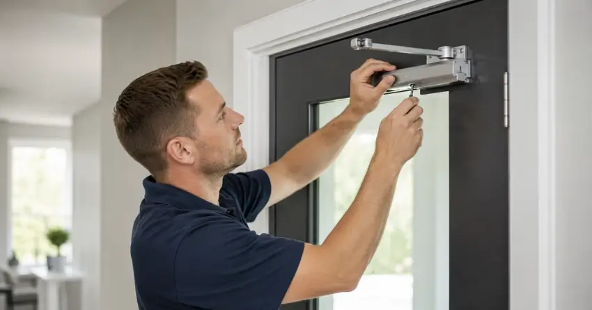 technician adjusting door closer hydraulic valve in Fernbrook, Wasaga Beach home