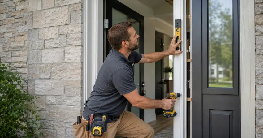 technician installing a new exterior door frame in Wasaga Beach