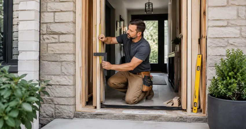 exterior door installer assessing rough opening in Wasaga Beach