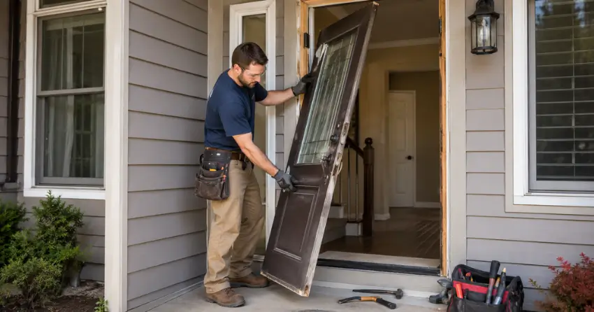 old exterior door being removed for replacement in Bluewater, Wasaga Beach