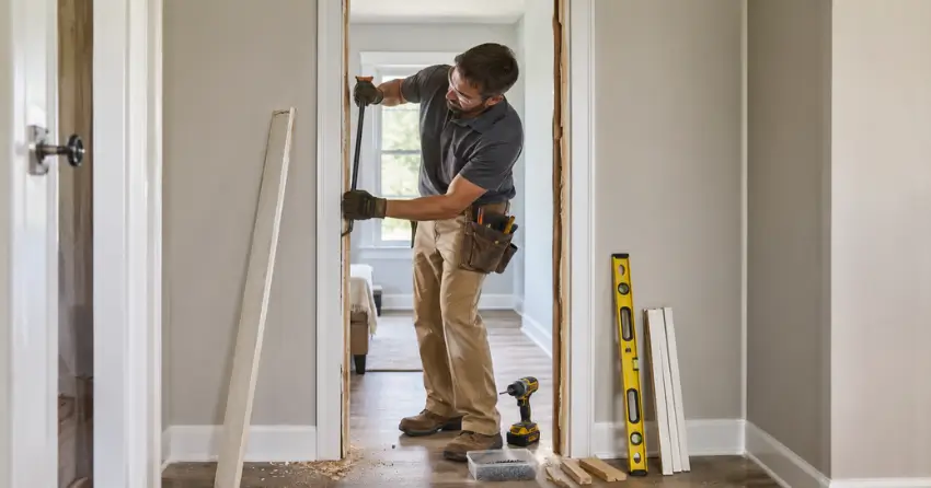 technician removing an old interior door frame during installation County Meadows, Wasaga Beach