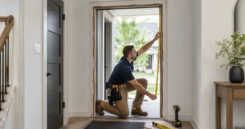 technician measuring a door frame before new door installation in Wasaga Beach