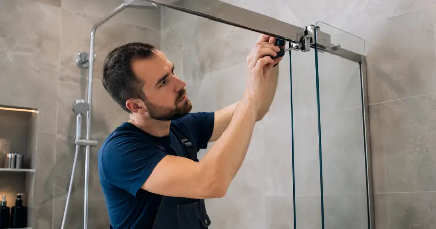 technician adjusting shower door hinge and track in Wasaga Beach