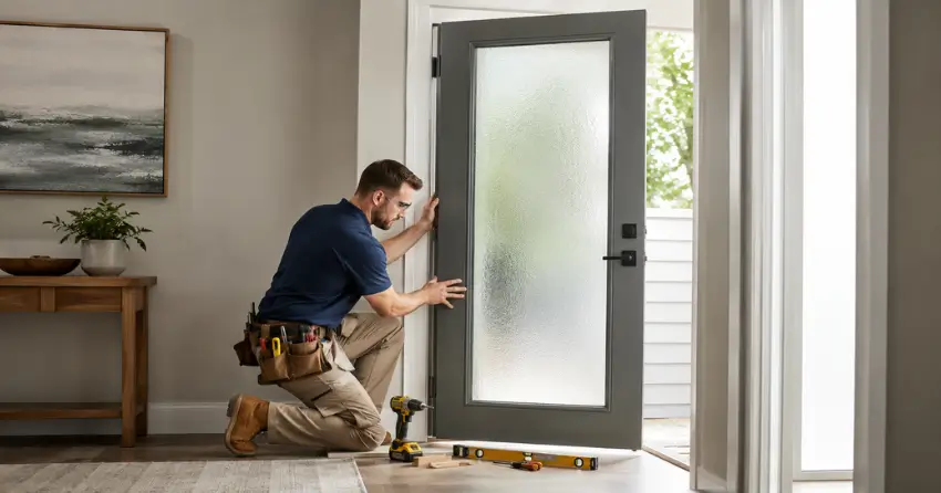 glass panel door installation with frosted privacy glass in residential setting in Georgian Sands, Wasaga Beach