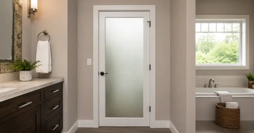 frosted glass panel bathroom door installed in a Wasaga Beach home