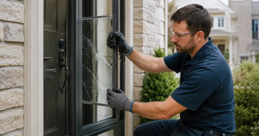technician removing cracked storm door glass panel in County Meadows, Wasaga Beach