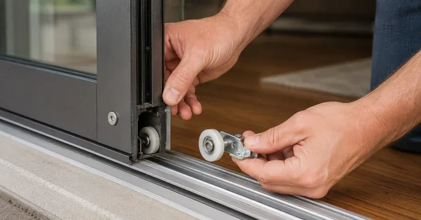 sliding door alignment County Meadows, Wasaga Beach technician adjusting roller track