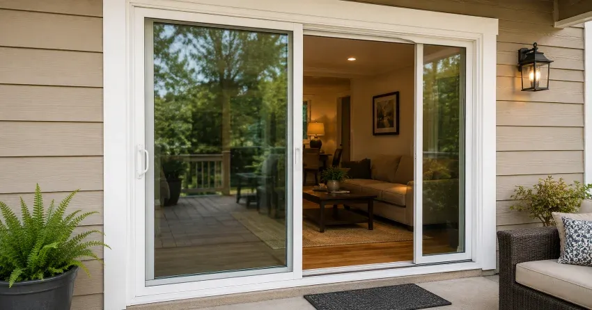 Patio Door Installation technician setting a new frame in Georgian Sands, Wasaga Beach