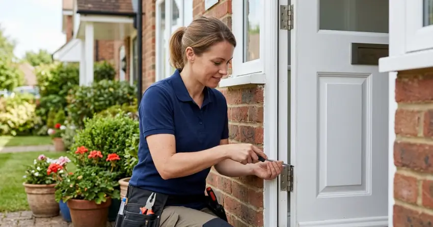 technician repairing exterior door hinge and frame in Bluewater, Wasaga Beach