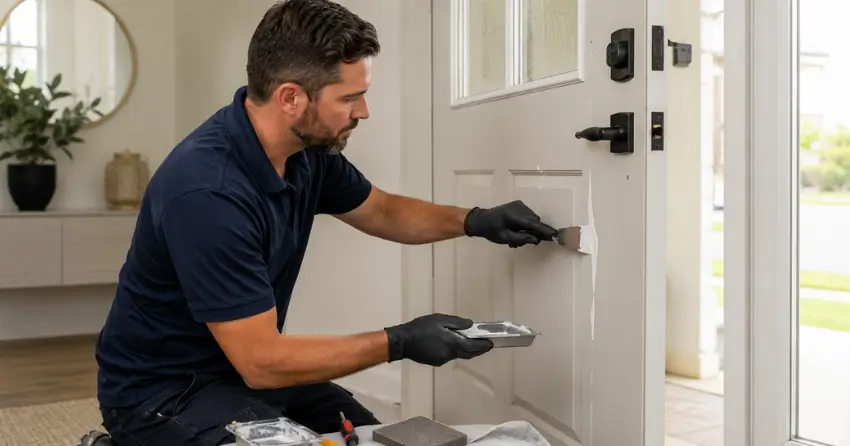 technician repairing fiberglass door surface crack in Wasaga Sands, Wasaga Beach