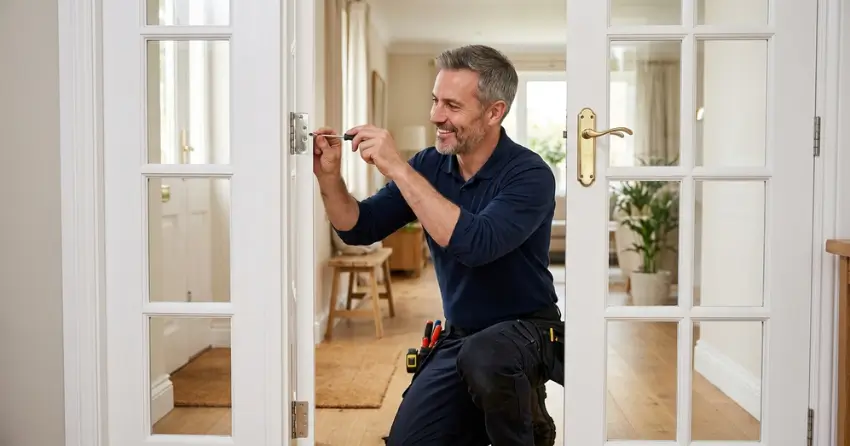 technician adjusting French door hinge for proper alignment in Wasaga Beach