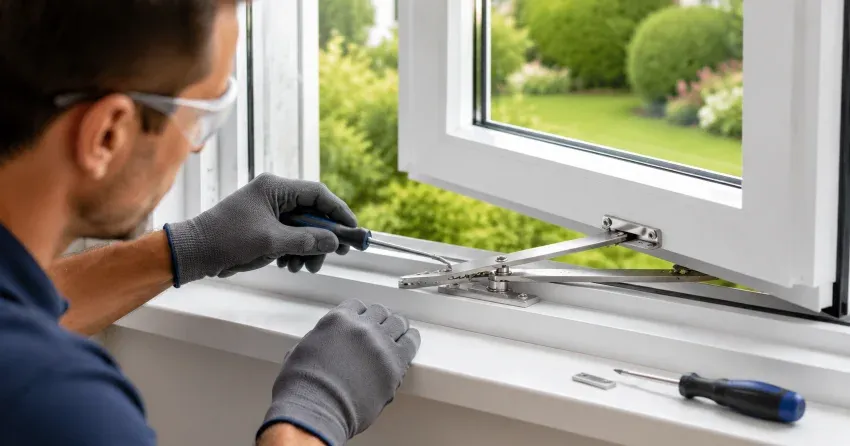 automatic door technician inspecting sensor and control panel in County Meadows, Wasaga Beach