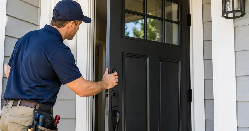 technician adjusting door hinge and strike plate in New England Village, Wasaga Beach home