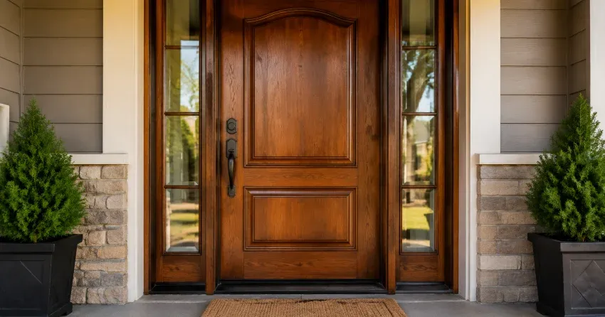 wood door mid-restoration showing stripped bare wood in Wasaga Beach