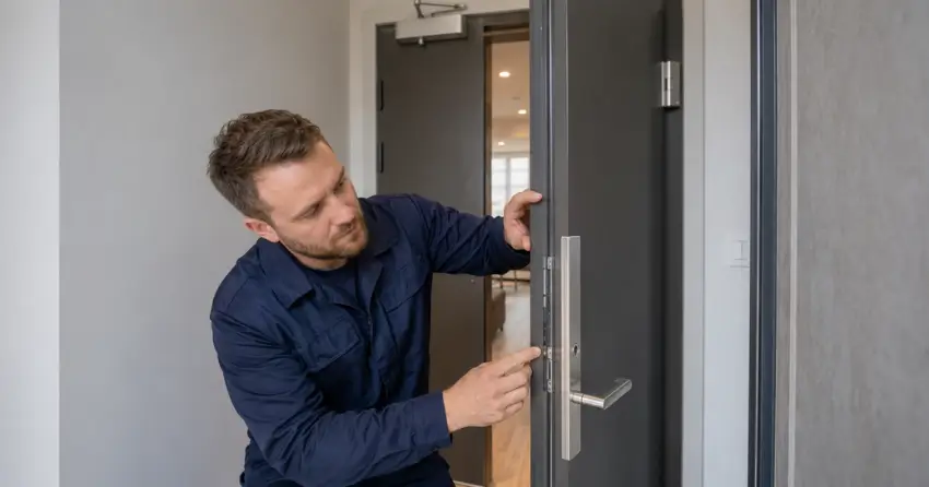 technician inspecting fire-rated door seal and hardware in Fernbrook, Wasaga Beach