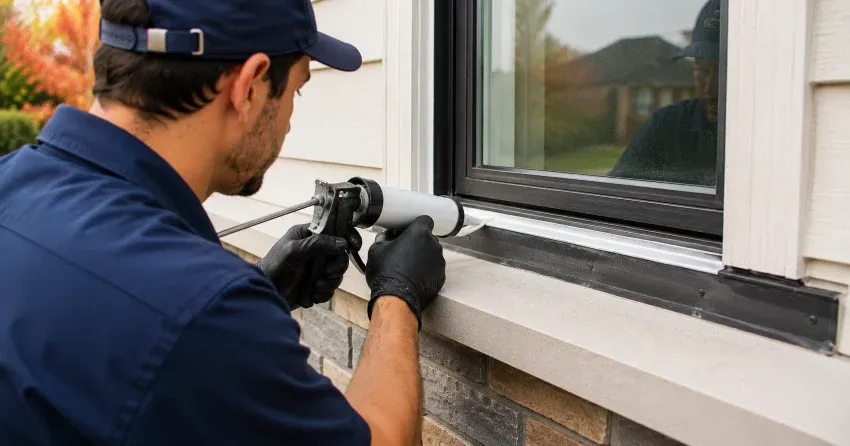 technician inspecting window flashing for leak source in Wasaga Beach
