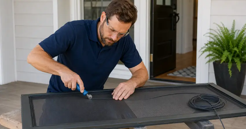 technician replacing screen door mesh and spline in County Meadows, Wasaga Beach